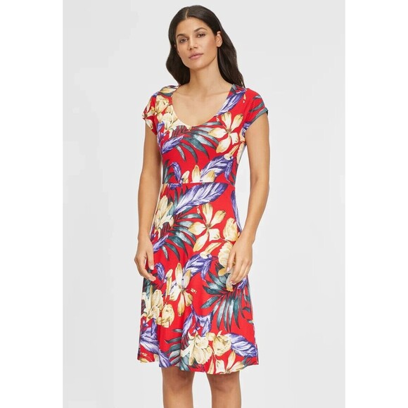 LASCANA Dresses & Skirts - Lascana Venus Red tropical Floral Dress Midi Short Sleeve Day Dress Womens Small